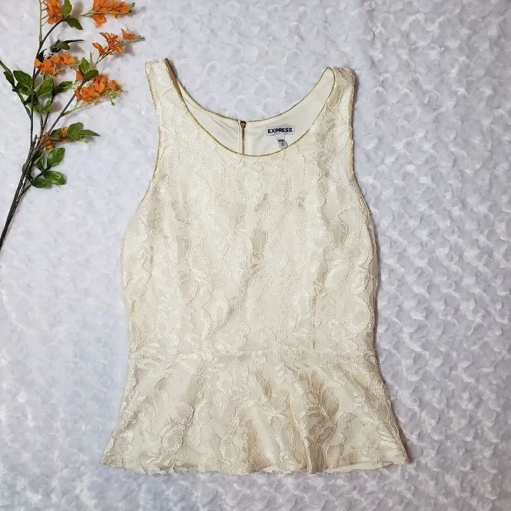 Express cream color size small lace top with gold trim